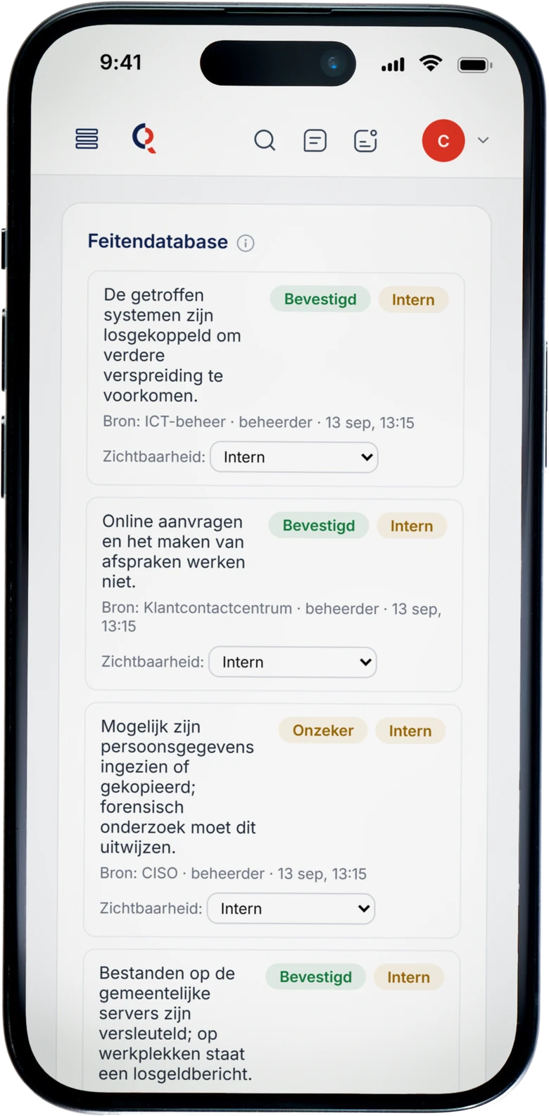 CrisisRadar op een telefoon: de feiten van de crisis, gemarkeerd als bevestigd of onzeker.